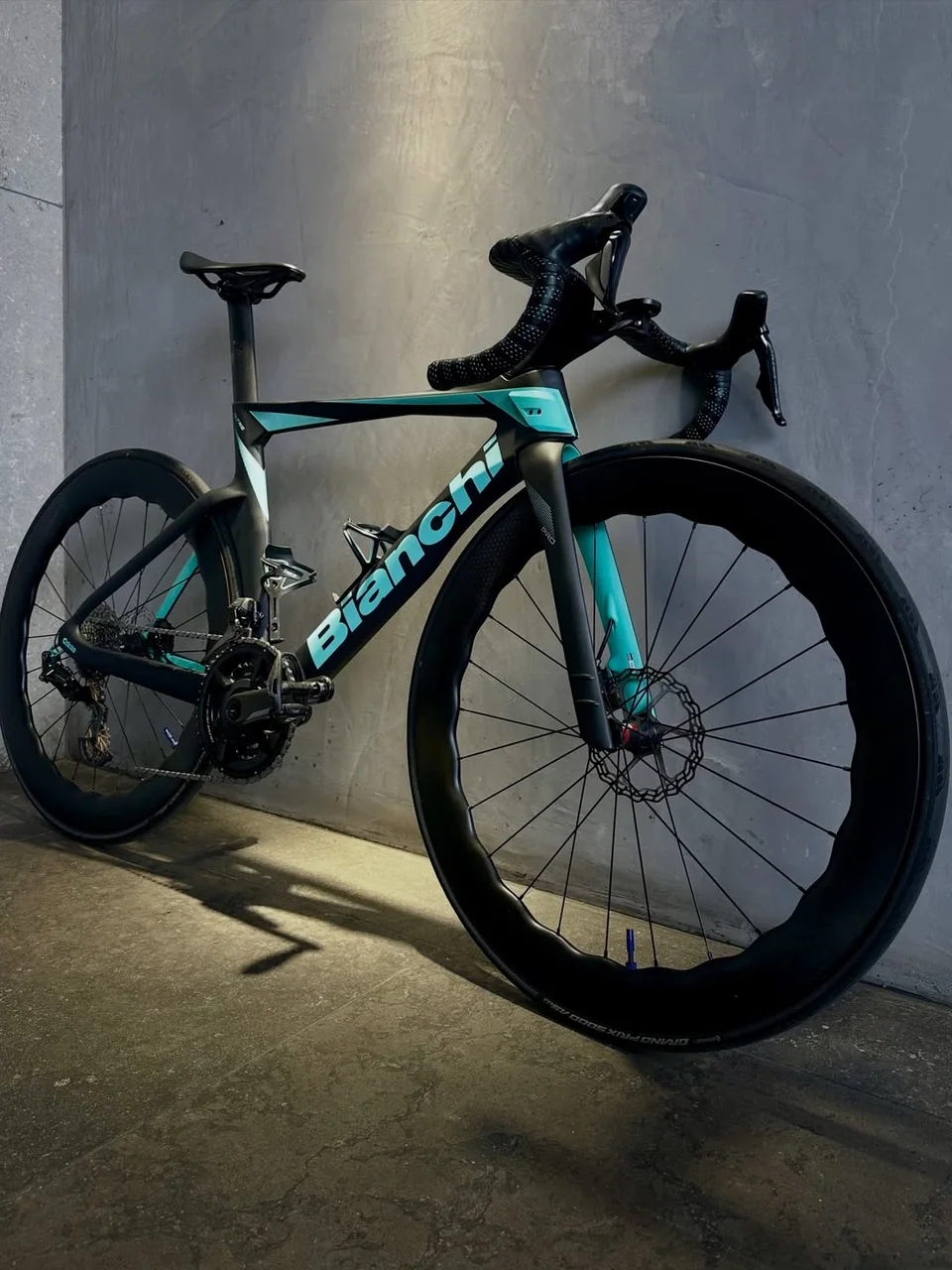 A completed Bianchi road bike in the Velox workshop